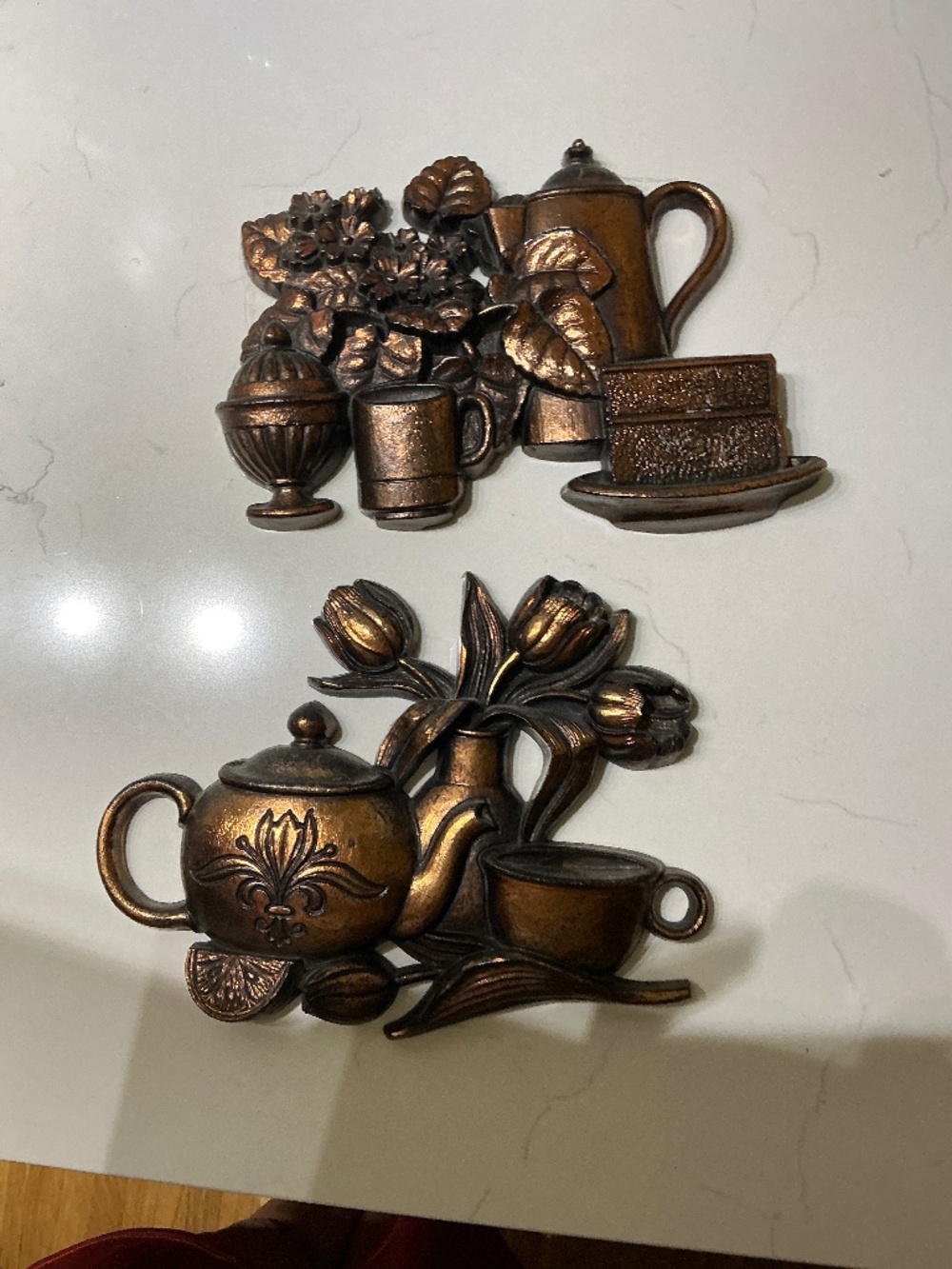 Vintage Bronze-Tone Resin Kitchen Wall Plaques Set of 2 | Cottagecore